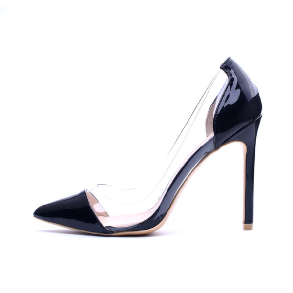 GENSHUO Women Pumps Brand High Heels Black Patent Leather 