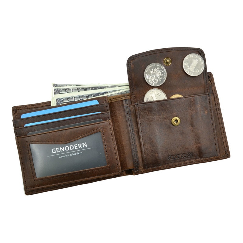 GENODERN Cow Leather Men Wallets with Coin Pocket Vintage Male Purse Function Brown Genuine ...