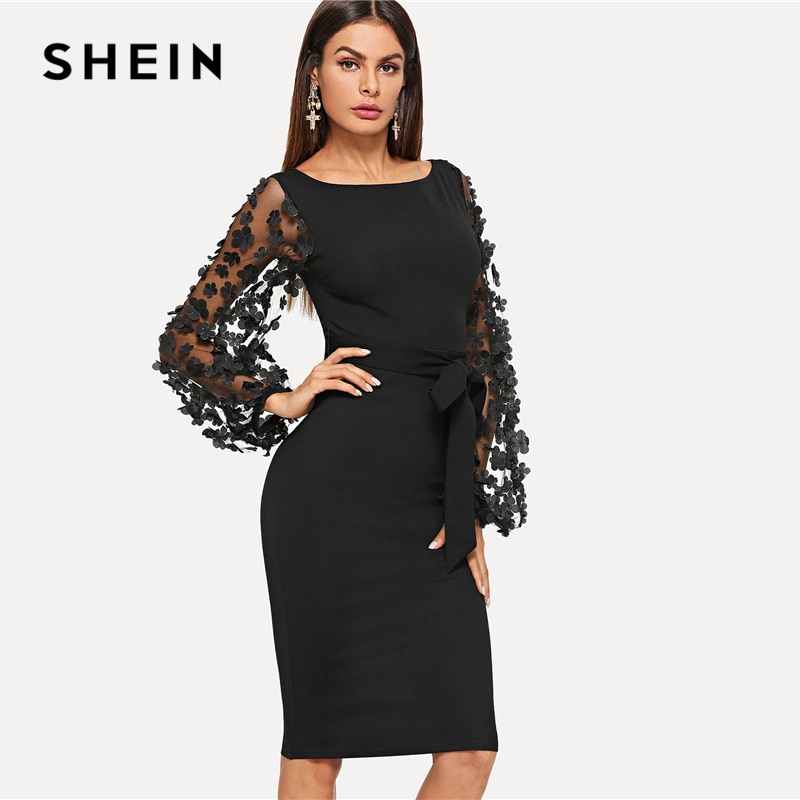 Shein Black Party Elegant Flower Applique Contrast Mesh Sleeve Form Fitting Belted Solid Dress