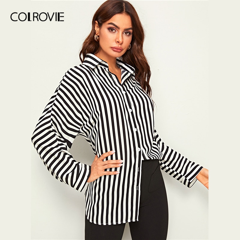 COLROVIE Black and White Vertical-striped Button Front Curved Hem