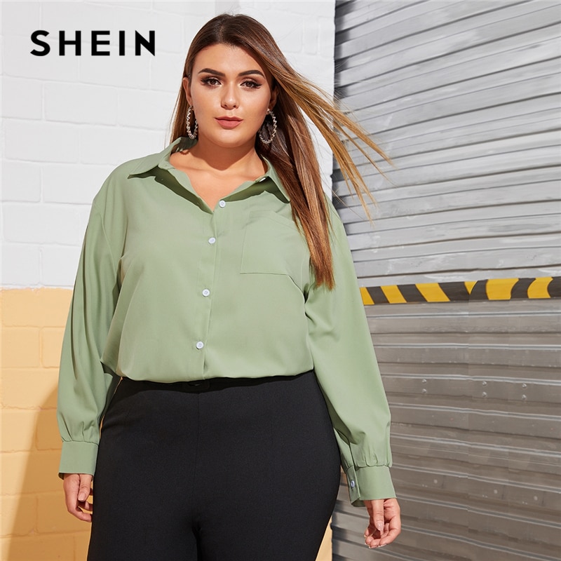 SHEIN Plus Size Green Pocket Front Solid Shirt Blouse