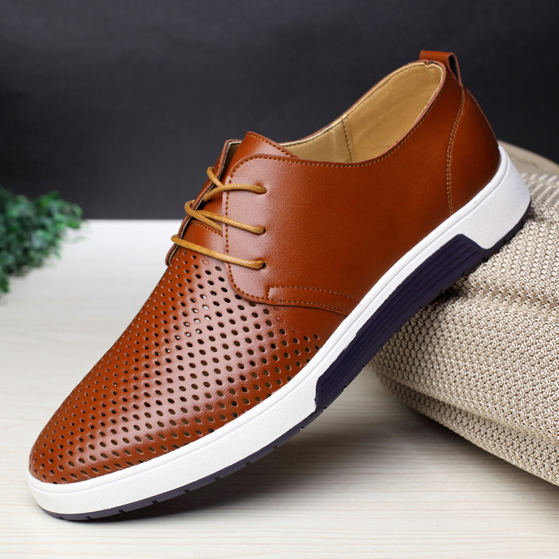 Merkmak New 2018 Men Casual Shoes Leather Summer Breathable Holes Luxury Brand Flat Shoes For 0969