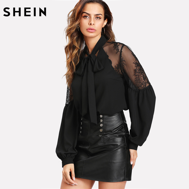 SHEIN Black Long Lantern Sleeve Blouse Elegant Women Tops