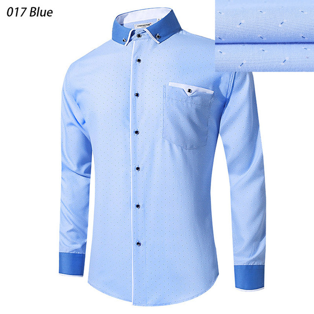 Brand Blue Printed Dress Shirt Men Long Sleeve Big Size Combed Cotton ...