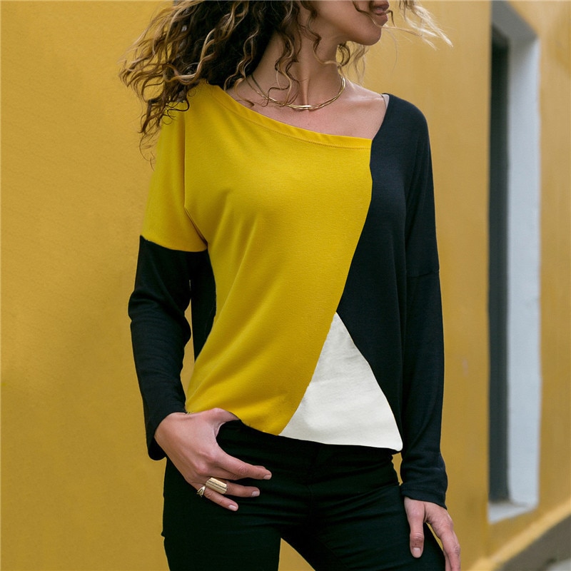Autumn 2018 Women Long Sleeve TShirt Fashion Patchwork