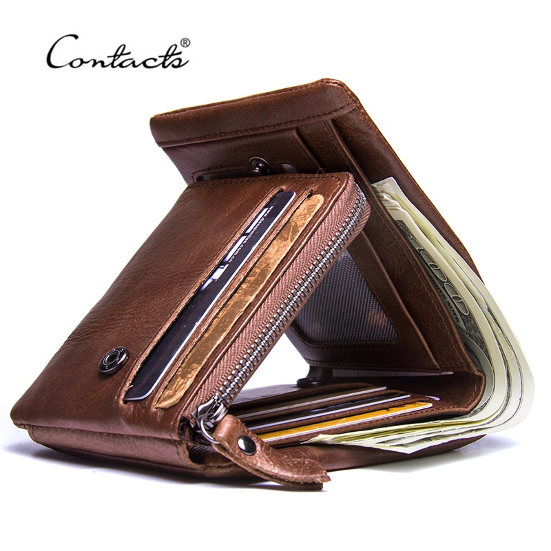 CONTACT’S Genuine Crazy Horse Leather Men Wallets Vintage Trifold Wallet Zip Coin Pocket Purse ...