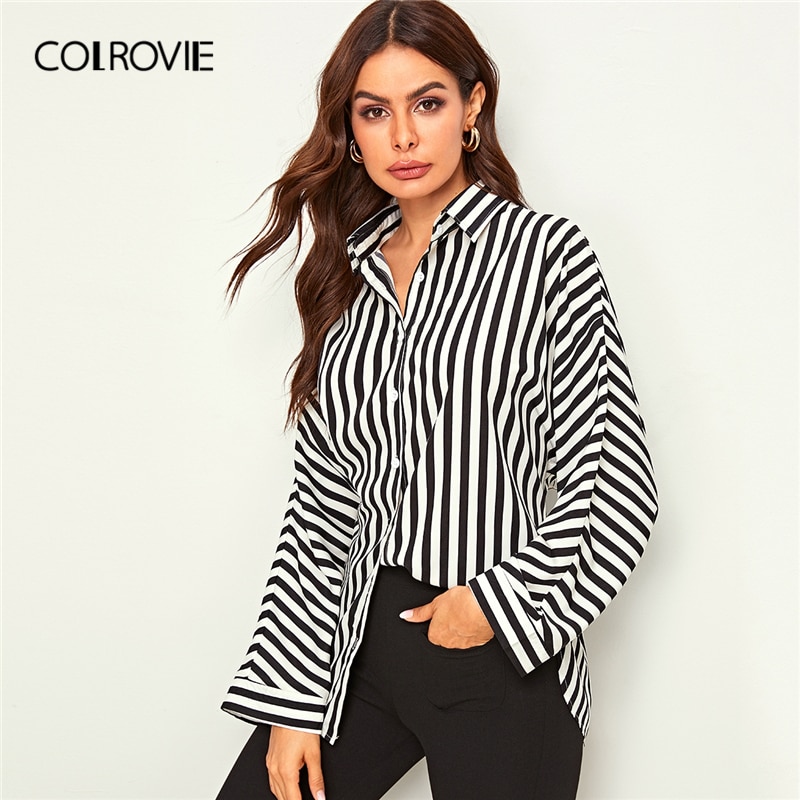 COLROVIE Black and White Vertical-striped Button Front Curved Hem Blouse Women Casual Blouse 