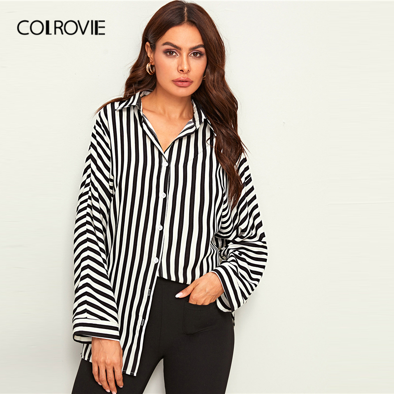 COLROVIE Black and White Vertical-striped Button Front Curved Hem ...