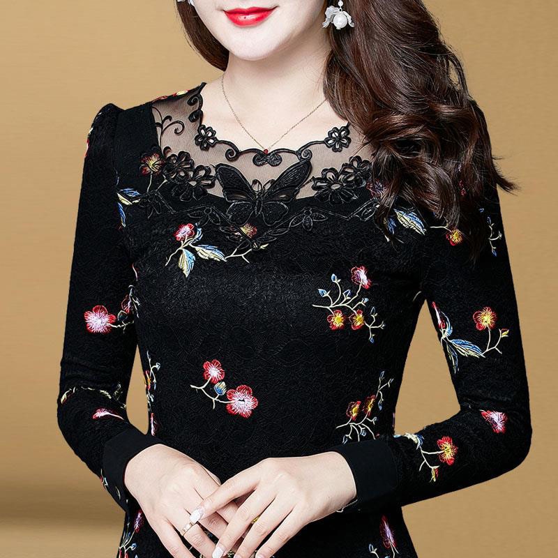 Hollow Out Lace Blouses Shirts Casual Long Sleeve Patchwork Spliced Turtleneck